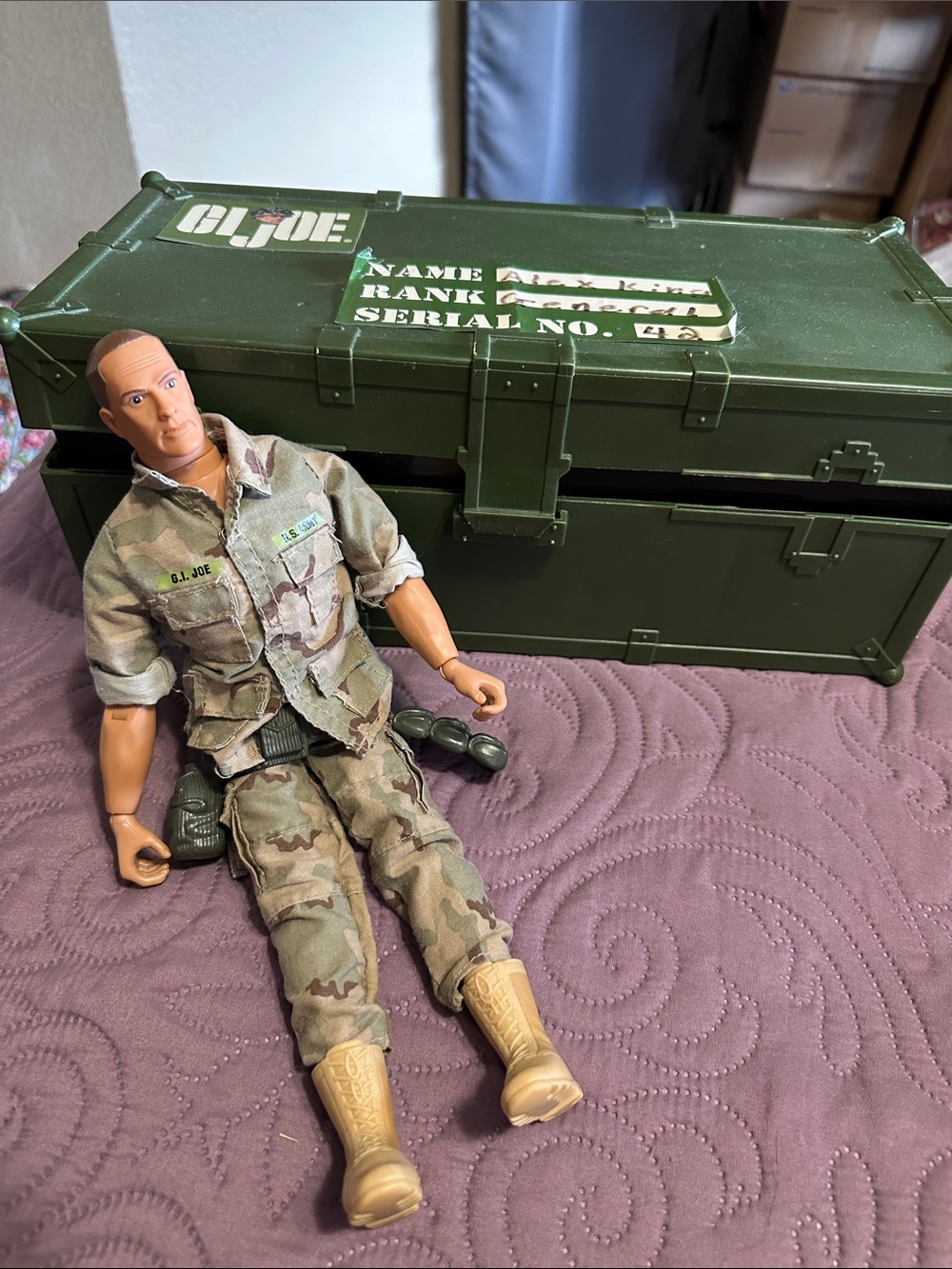 Vintage G.I. Joe action figure with footlocker and lots of accessories.